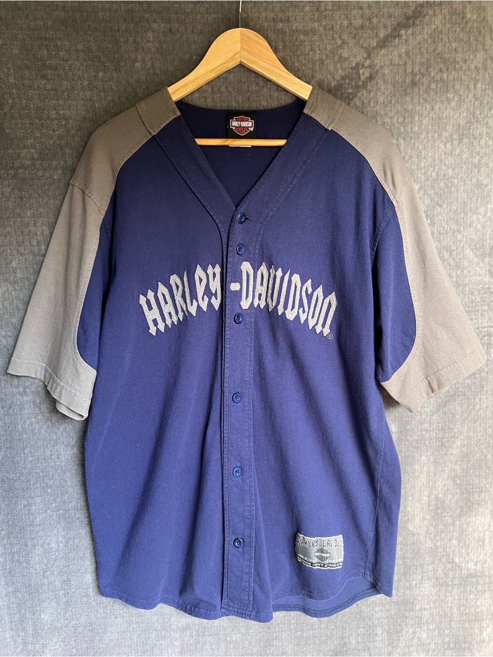 VTG 2000 Harley Davidson Baseball Jersey Sz Large Blue Gray Cotton Button Down - Picture 13 of 14